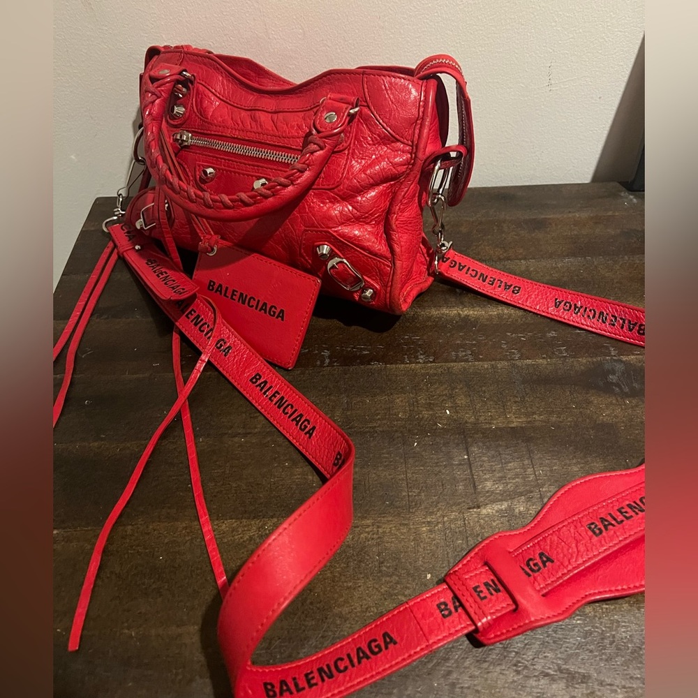 Balenciaga red city bag with logo strap